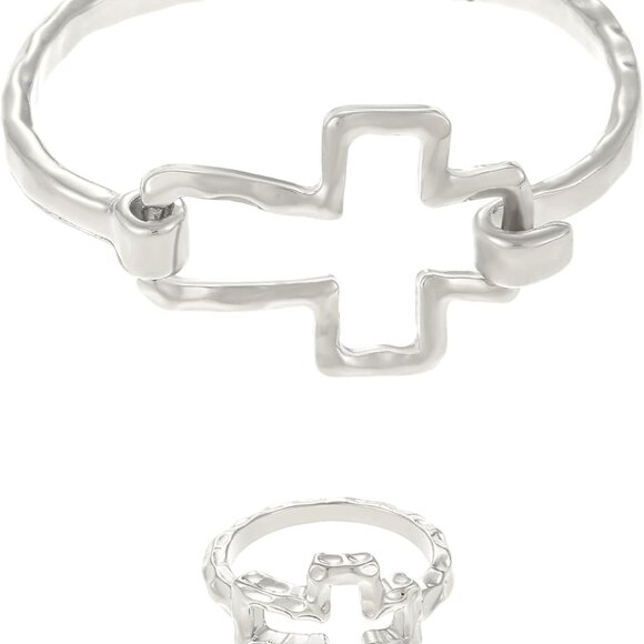 Elegant 16K Gold Heart Bracelet Ring Set for Women - Silver, Adjustable, Chunky - Picture 1 of 6